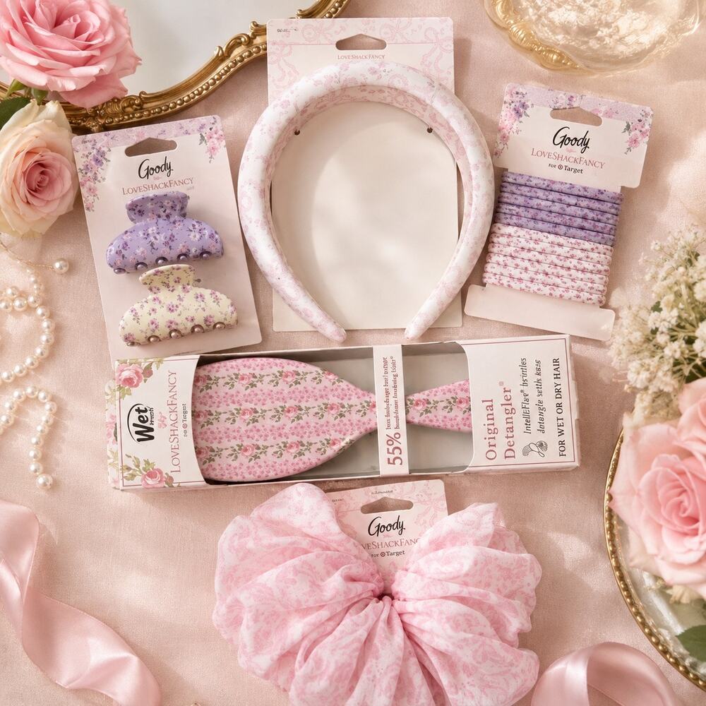 NWT LoveShackFancy x Goody x Wet Brush Limited Ed Pink- 5 Pc Hair Accessory Set